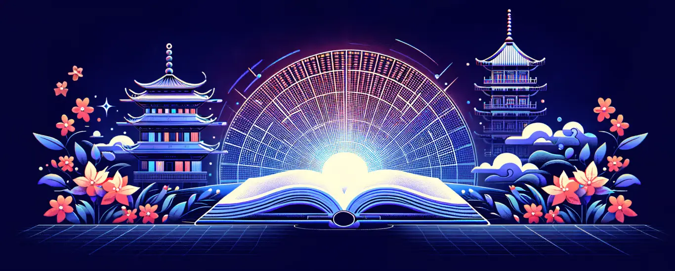 An illustration depicting an open book with light emanating from its pages, surrounded by traditional Asian architecture including pagodas and temples, set against a dark blue background with flowers and decorative elements, representing the translation of webnovels.